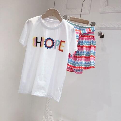 21 Kids set embroidered letter white T-shirt +candy colour shorts clothing set summer baby girls clothing