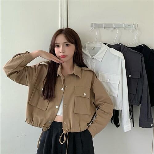 New Women Short Jacket Solid Relaxed Joker Draw String Long Sleeve Outerwear Single Breasted Pockets Fashion Casual Coats Female