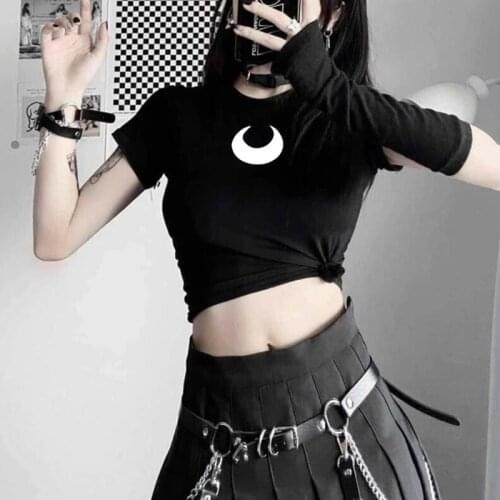 Summer Harajuku Mujer Y2K O-Neck Vintage Moon Print Sexy Punk Goth Black Crop Tops Grunge 90s Women Slim Chic T-Shirt Streetwear