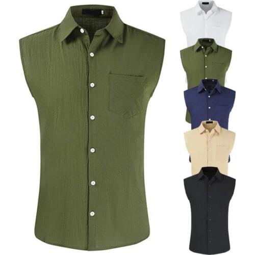 Men Shirt Single-Breasted Solid Color Summer Sleeveless Lapel Top for Dating
