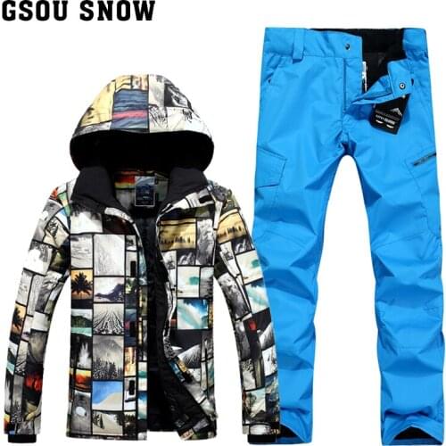 Gsou snow Ski Suit Male Snow Scenery Pattern Snow Suit Winter Windproof Waterproof Warm Breathable Ski Jacket Ski Pant For Men