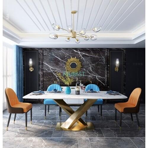 Italian White Marble Top Stainless Steel Leg Dining Table For Hotel Restaurant Rectangular Steel Legs Light Luxury Dining Table