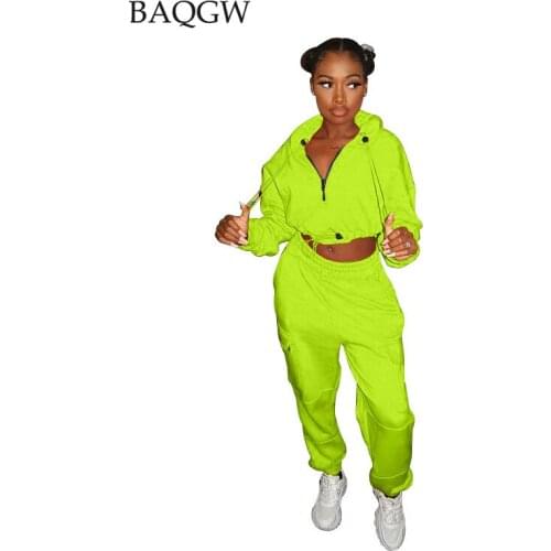 Casual Sports Fashion Womens Wear Hoodies Large Size 2XL Two Piece Set Autum Zipper Drawstring Loose Workout Neon Green Outfits