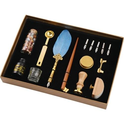 Retro Calligraphy Quill Feather Dip Pen with Nibs Wax Seal Stamp Holder Gift Box Stationery School Supplies