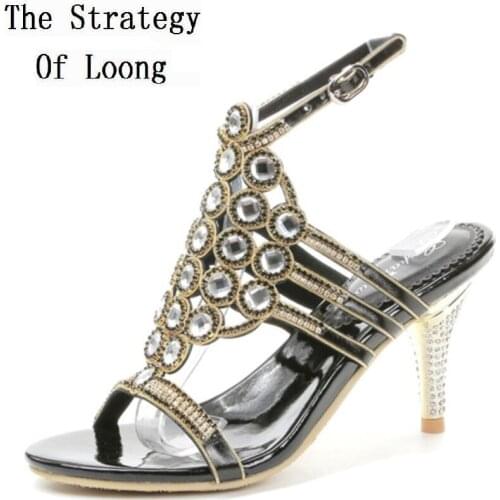 Women Gold Silver Purple Black Crystal Genuine Leather Women Plus Size Open Toe Summer Shoes Sexy Lady Thin High Heels Sandals