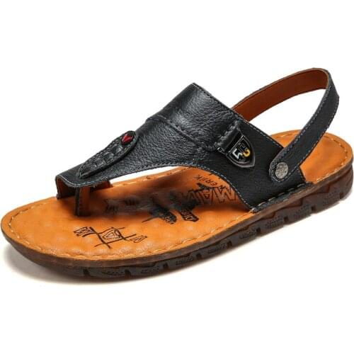 Genuine Leather Mens Casual Sandals Summer Daily Comfort Breathable Fashion Mens Slippers Classic Rubber Non-slip Flip Flops