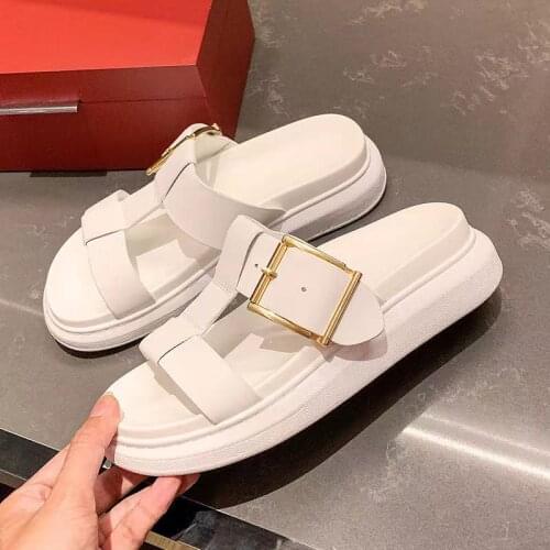 New womens light sandals Summer 2021 Flat bottom cowhide fabric Women slippers Buckles student Beach shoes Retro Roman shoes
