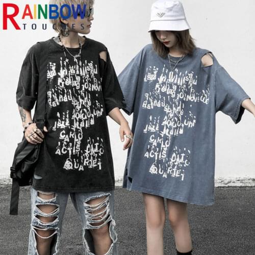 Rainbowtouches Summer New Unisex High Street Loose Washed Top Letter Printing Couples Short Sleeves Hole T-Shirts Men And Women