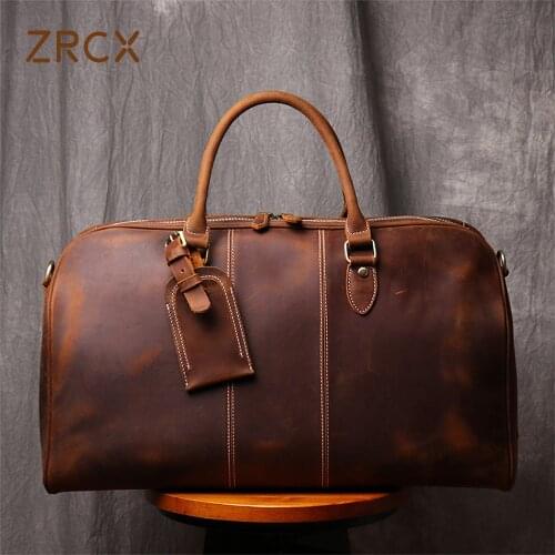 ZRCX Vintage Mens Hand Luggage Bag Travel Bag Geunine Leather bag Large Capacity Single Shoulder Messenger For 14 Inch Laptop