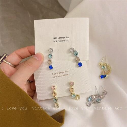 Korean Style Vintage Exquisite Small Square Colorful Crystal Earrings For Women Girls Sweet Geometric Dangle Earrings Jewelry