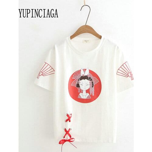 YUPINCIAGA Japanese Geisha Printed Hem Bandage Pullover Short Sleeve Round Neck Cotton T-Shirt Cute Sweet Summer Top Girl