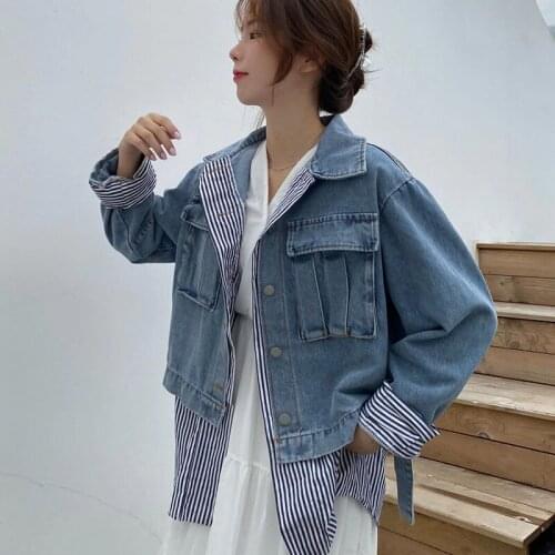 Denim Jacket Women Fake Two Pieces Patchwork Striped Shirt Boyfriend Long Sleeve Loose Casual Jeans Coat Autumn Female Outerwear