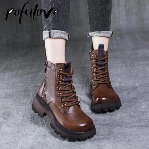 Pofulove Goth Boots Women Shoes Platform Boots Leather Boots Botas for Women Black Brown Short Booties Fashion Vintage Lace Up