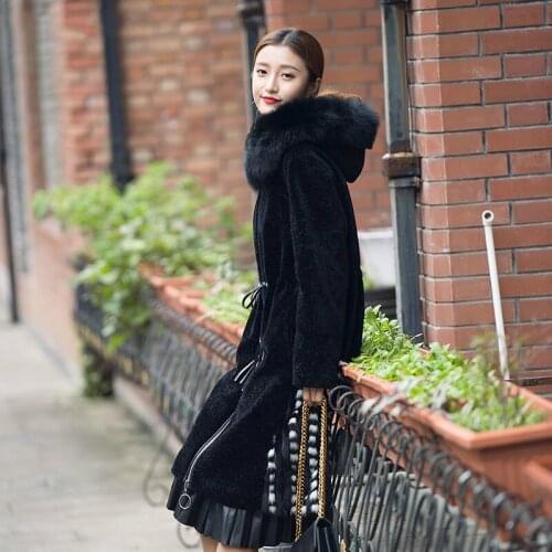Fox Collar Winter Real Fur Coat Women Hooded Shearing 100% Wool Jacket Long Overcoat Abrigo Invierno Mujer F8808 KJ3180