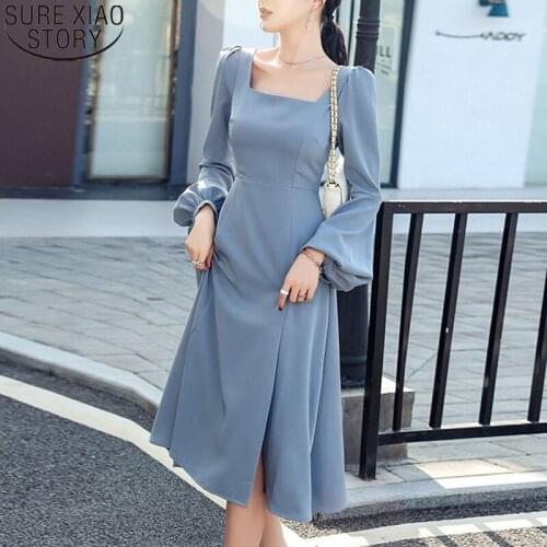 French Style Lantern Sleeve Dress Square Collar Split Dresses Women 2021 Spring New Elegant Fashion Dresses Vestidos Robe 13276