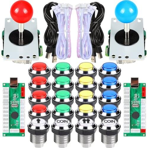 2 Player Arcade DIY Kits USB Encoder to PC Joystick LED Chrome Push Button 1P & 2P Coin Buttons for Arcade Mame Raspberry Pi