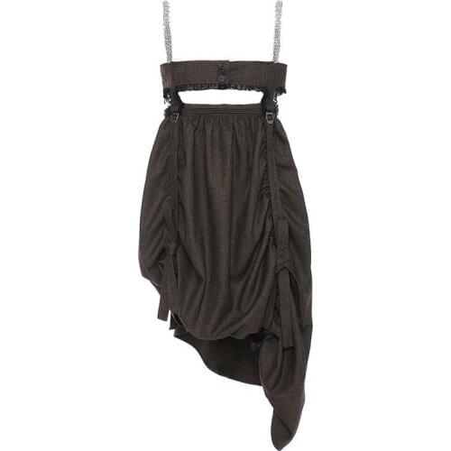 2021 Spring Summer Niche Sexy Hollow Waist Design Irregular Hem Pleated Fashionable Chain Sling Dress Women Club Party Clothes