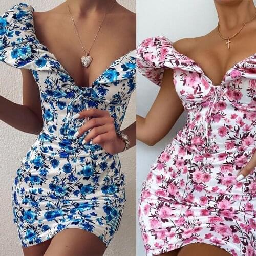 Satin Off Shoulder Sexy Dress Women Print Mini Night Club Party Dress Ruffled Backless Bodycon Summer Dresses Vestidos BC447