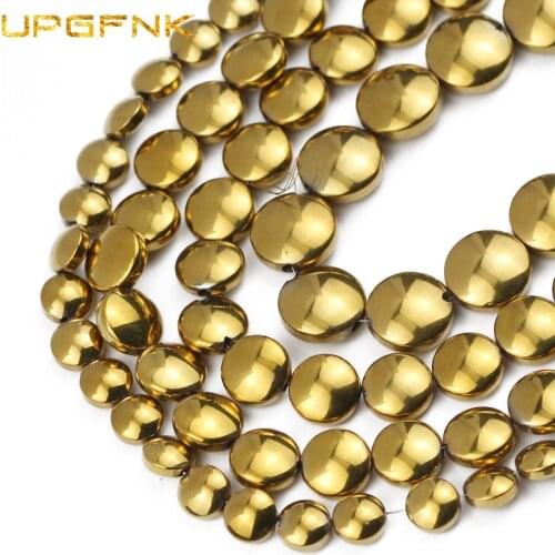 UPGFNK Natural Gold Hematite Stone Flat Round Coin Spacer Loose Beads For Jewelry Making Diy charm Bracelet Accessories 6/8/10mm