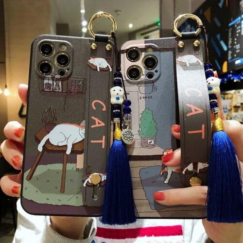 Phone Holder Case For iphone XR X Xs max 11 Pro Max 12 mini Case For iphone 7 8 6s plus SE Soft TPU Wrist Strap Tassel Cover