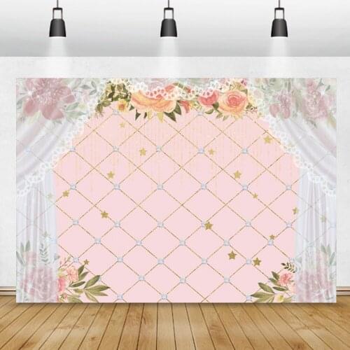 White Curtain Flowers Pink Wall Backdrop For Photography Newborn Baby Shower Girl Birthday Party Photo Background Photocall