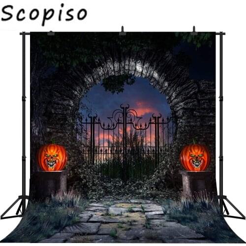 Scopiso Photography Backdrops Scary Halloween Background Evil Pumpkins Door Night Background Photographic Studio Prop