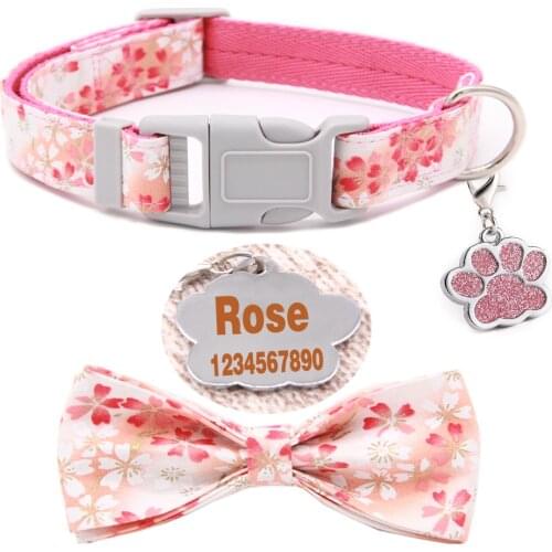 Custom Pet Dog Tag Collar with bow Pet Cat Name Tags Customized Accessories Puppy ID Tag Metal Paw Nametag Pendant