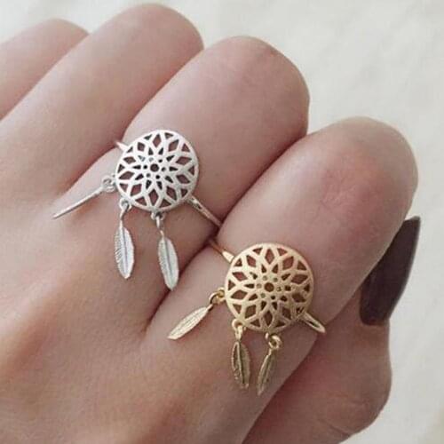 New Gold Silver Color Hollow Metal Dreamcatcher Rings Women Dream Catcher Feather Charm Finger Ring Jewelry Gifts