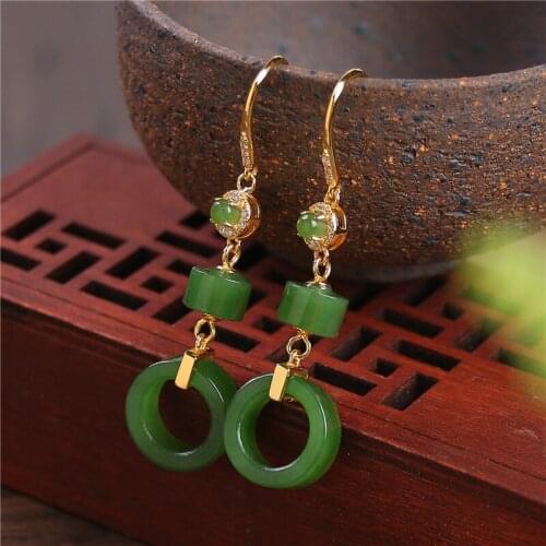 S925 Sterling Silver Gold-plated Inlaid Natural Hetian Jasper Jewelry Earrings Jasper Ring Female Earrings Simple And Fashionabl