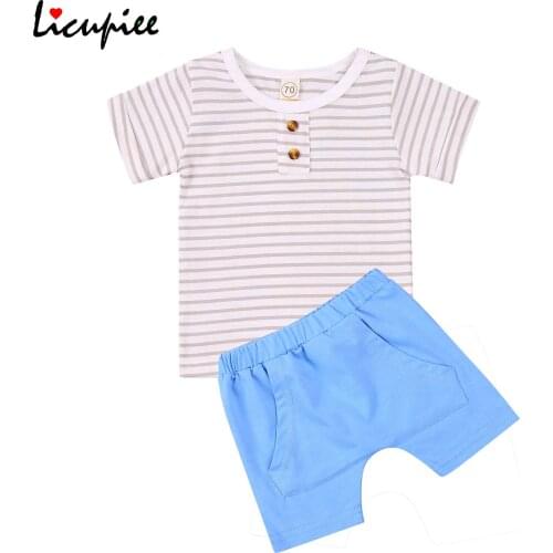 0-3 Years 2pcs Creative Little Boys Outfit, Summer Toddlers Round Collar Short Sleeve Striped Top + Solid Pocket Shorts Set