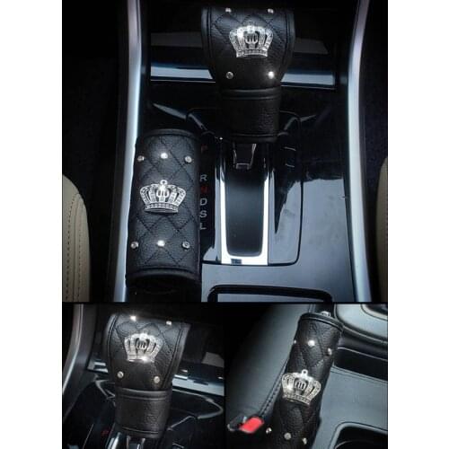Car Seat Belt Cover Leather Seat Belt Shoulder Pad Crown Crystal Rhinestones Diamond Shifter Gear Cover Hand Brake Covers Sets