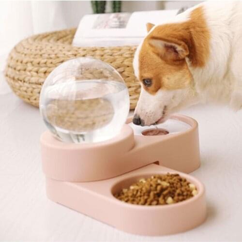 New Dual Port Pet Food Bowl For Feeding And Drinking Rotatable Plastic Transparent Water Ball Bubble Water Dispenser For Cat Dog