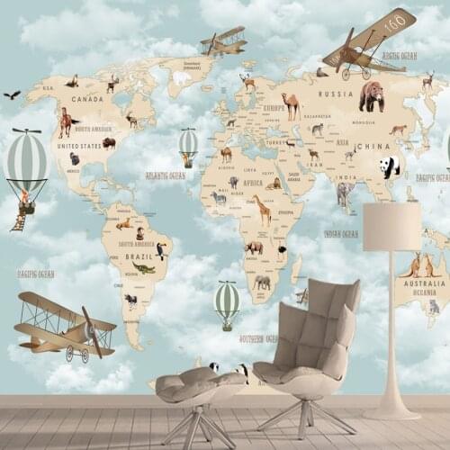 Modern World Map Cartoon Balloon Wall Papers Home Decor Wallpapers for Bed Room Kids Peel and Stick Vinyl Murals Walls In Rolls
