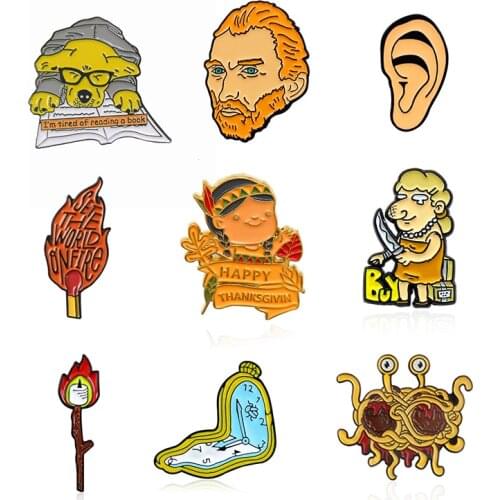 Orange Badge van gogh Ears dog Spaghetti crab Indian girl Shopaholic women Enamel Brooch Torch match Clock fire Lapel Pin