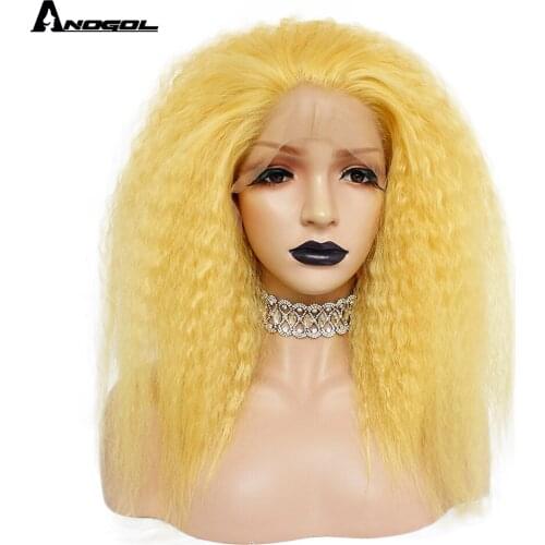 Anogol Yellow Black Deep Medium Free Part High Temperature Fiber Natural Kinky Curly Synthetic Lace Front Wigs For Women
