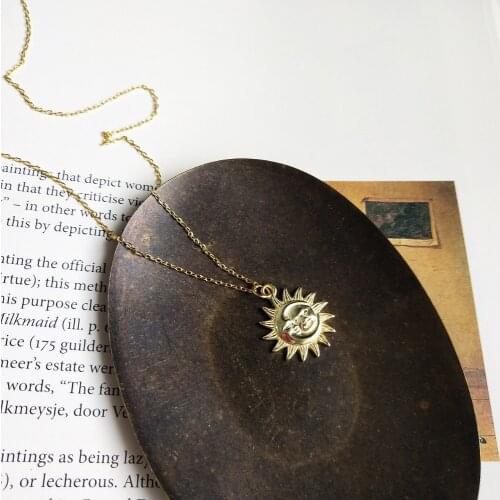 Womens Authentic 925 Sterling silver Gold original funny Sun smiley face &Moon pendant necklace gold creative Pendant X147