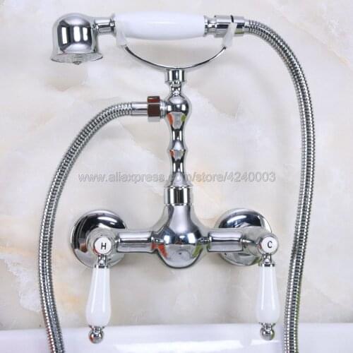 Polished Chrome Wall Mount Telephone Bath Shower Faucet Mixer Tap w/ Handheld Spray Shower Kna213