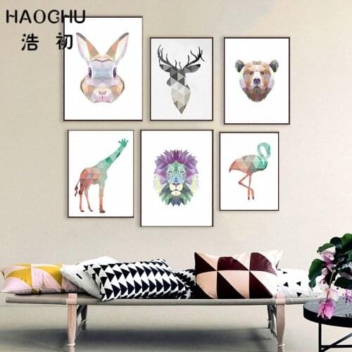 HAOCHU Modern Low Poly Geometric Animals Canvas Art Print Wall Poster Rabbit Lion Flamingo Oil Painting Living Room Hotel Decor