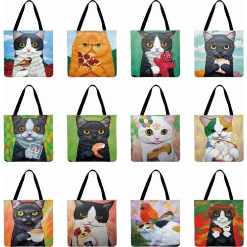 Women Shoulder Bag Oil Painting Cat Printed Tote Bag Linen Febric Casual Tote Foldable Shopping Bag Reusable Beach Bag Hand Bag