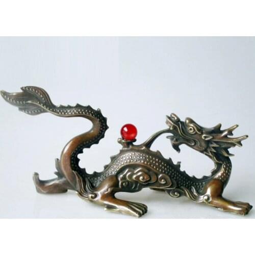 Decorations for home+ Home Decoration Chinese Old Copper Carved Dragon With red jade Bead Statue/Chinese dragon Sculpture