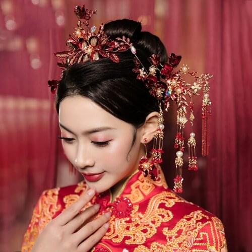 NiuShuya Hair Jewellery Chinese Vinatge Traditional Headdress Hairpin Red Flower Hair Stick Hair Accessories
