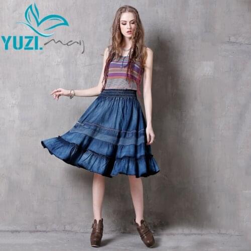 Skirts Womens 2017 Yuzi.may Boho New Denim Saias Lace Patchwork A-line Pleated Emboirdery Vintage Swing Hem Elastic Saia X2106