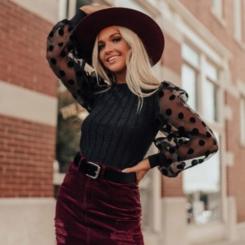 Woman Elegant Mesh Patchwork Blouse Long Sleeve Blouse Black Lace Transparent Dot Lantern Sleeve Pullover Streetwear Sweater