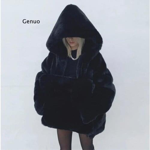 Women Gothic Black Soft Hooded Fur Coat Winter Faux Fox Fur Furry Luxury Fake Fur Jacket High Quality Female Jacket Thick Coat