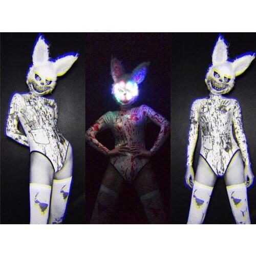 Halloween Women New Crazy Rabbit Horror Sexy Stage Outfit Bar DS Dance Cosplay Bodysuit Costume Prom Costume LED Mask Set