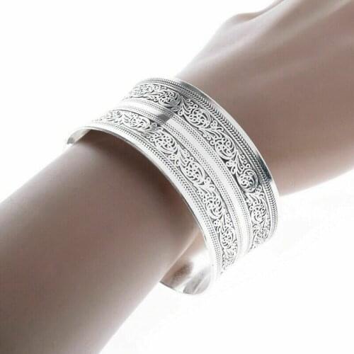 Bohemian Vintage Tibetan Silver Metal Carving Flower Cuff Bracelets Bangles For Women Jewelry Gift