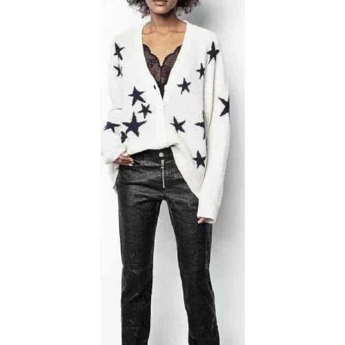 Women V-Neck Stars Knitted Cardigan 2021 Autumn Single-Breasted New Wool Cashmere Sweater Outwear Tops