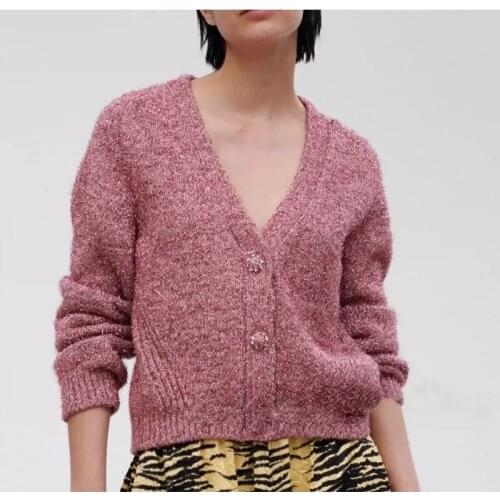 Women Knitted Gold Thread Sweater Caridgan 2021 Autumn Winter V-Neck Ladies Rhinestone Buttons Short Knitear Coat Top