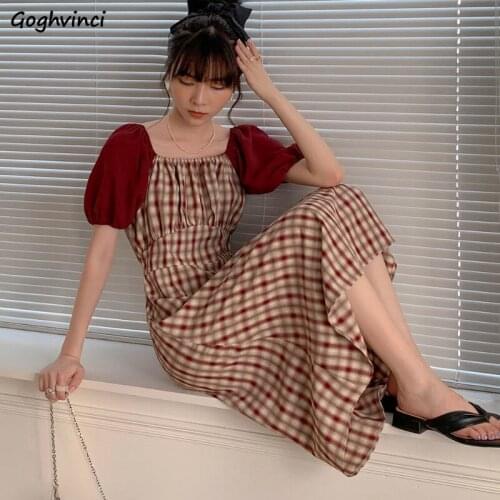 Vintage Puff Sleeve Plaid Dress Women Square Collar Empire Slim Sweet Temperament Vestido Mid-calf French Style Summer Outwear