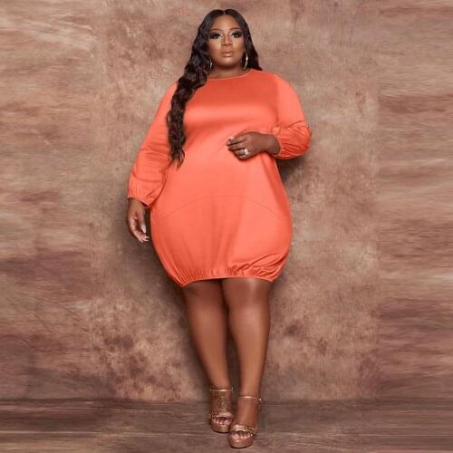 L-5XL Women Solid Large Size Knee Length Dress Casual Round Neck Long Sleeve Bandage Dresses Office Lady Oversize Slim Dress